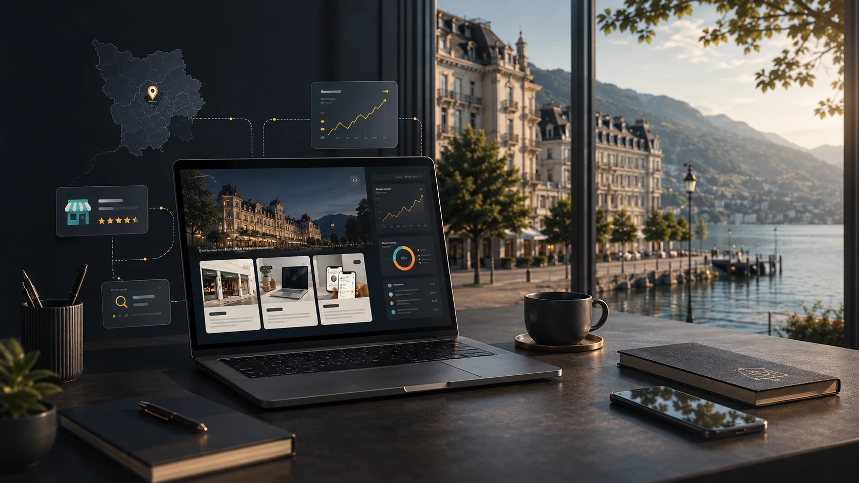 Agence web à Aix-les-Bains avec tableau de bord SEO, site internet et visibilité locale