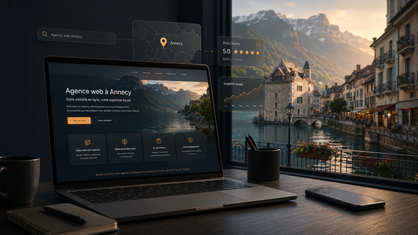 Agence web à Annecy avec site internet, visibilité locale et tableau de bord SEO