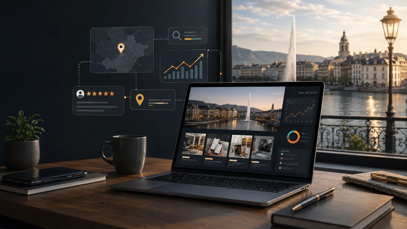 Agence web à Genève avec site internet, visibilité locale et interface de suivi