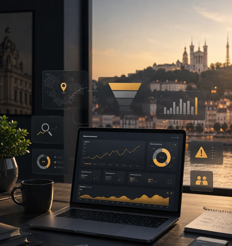 Audit de site web à Lyon avec tableau de bord, tunnel de conversion et indicateurs de performance