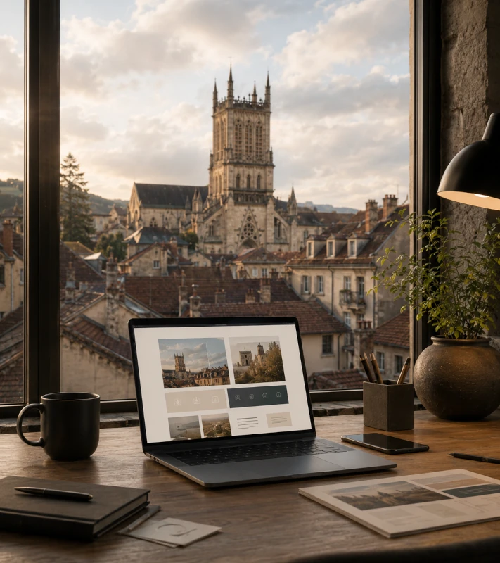 Communication digitale à Belley avec site internet, avis clients, fiche locale et identité visuelle cohérente