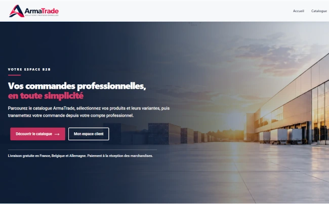 Capture d'écran du site e-commerce B2B ArmaTrade, plateforme de commandes professionnelles