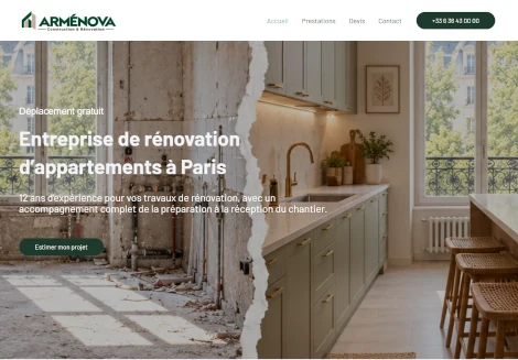 Capture d'écran du site ARMÉNOVA, entreprise de rénovation d'appartements à Paris