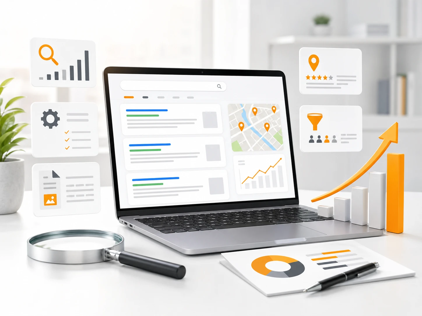 Illustration moderne d'un tableau de bord SEO local avec recherche, carte, mots-clés et progression de visibilité