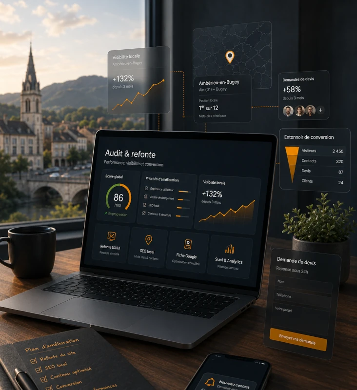 Refonte de site web à Ambérieu-en-Bugey avec tableau de bord SEO, conversion et demandes de contact