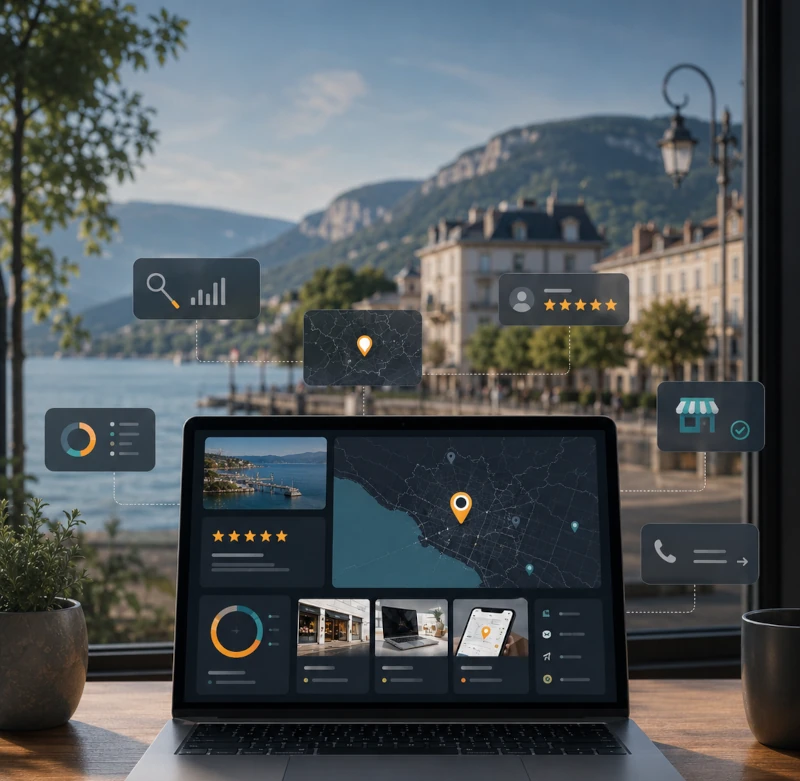 SEO local à Aix-les-Bains avec carte, avis clients et visibilité sur Google Maps