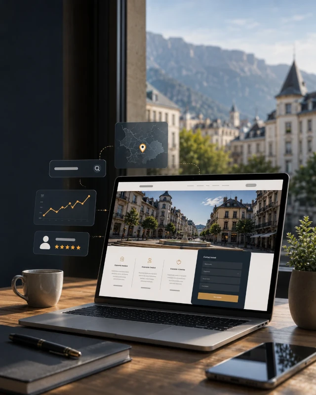 Site internet à Chambéry affiché sur ordinateur avec éléments de recherche locale et de contact