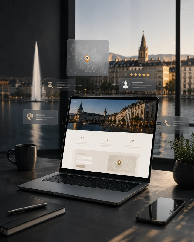 Site internet pour Genève affiché sur ordinateur avec éléments de confiance et de contact