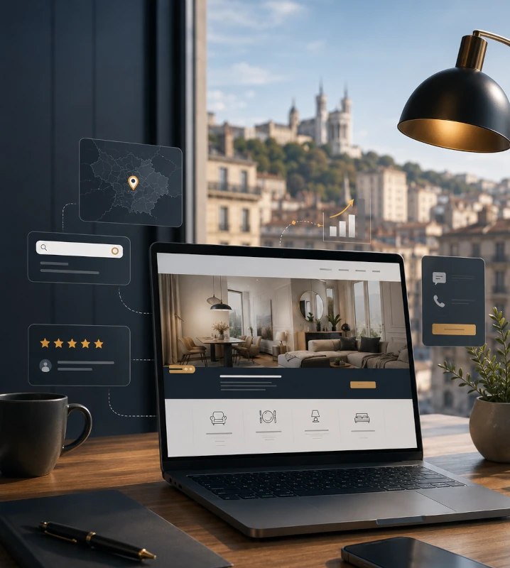 Site internet professionnel à Lyon avec avis clients, recherche locale et prise de contact visible