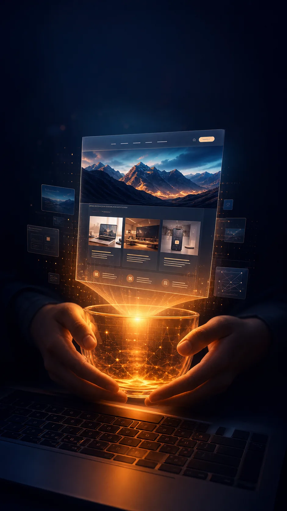 Scène cinématique montrant un site web lumineux qui apparaît au-dessus d'un ordinateur portable